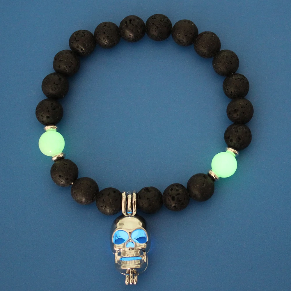 Модный светящийся черный камень из натуральной лавы, женский браслет, светящийся, молитва йоги, сердце, очаровательный браслет, флуоресцентный браслет, ювелирное изделие - Окраска металла: Blue Green