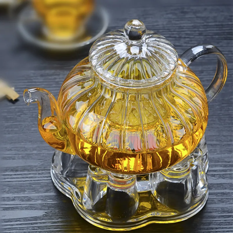 Glass Tea Warmer Set Flower Tea Pot 600ml with Infuser Heat resisting Base Brewing Water Stove