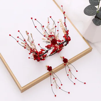 

High Quality Chinese Red Flower Crystal Full Round Tiara Crowns Headband Pendant Earring Bride Noiva Wedding Party Jewelry Sets