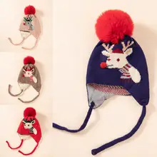 

Dropshipping 6-48 Months Knitted Ear Protection Baby Hat Autumn Winter Plush Ball Christmas Elk Print Newborn Hat for Festival
