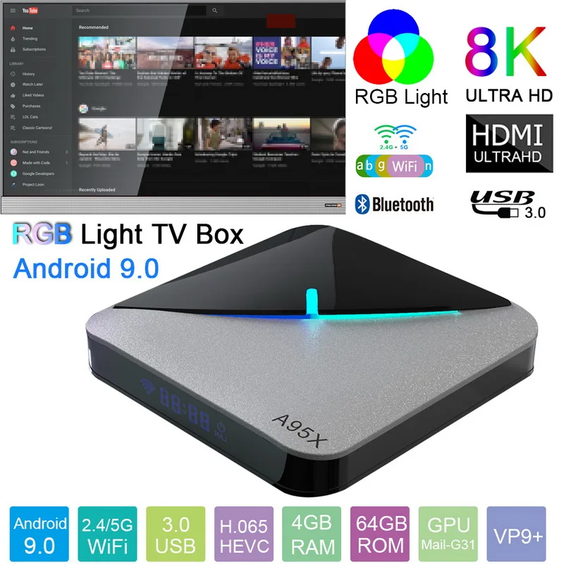  A95X air Android 9.0 Light TV BOX 4GB / 64GB 4K Set Top Box Amlogic S905X3 Home Hotel Media Player 