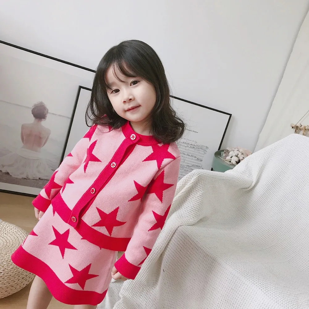 High Quality Winter Design Stars Children Girls Knitted Clothing Sets Sweater Skirt 2pcs Jacquard Cotton Kids Christmas Suits