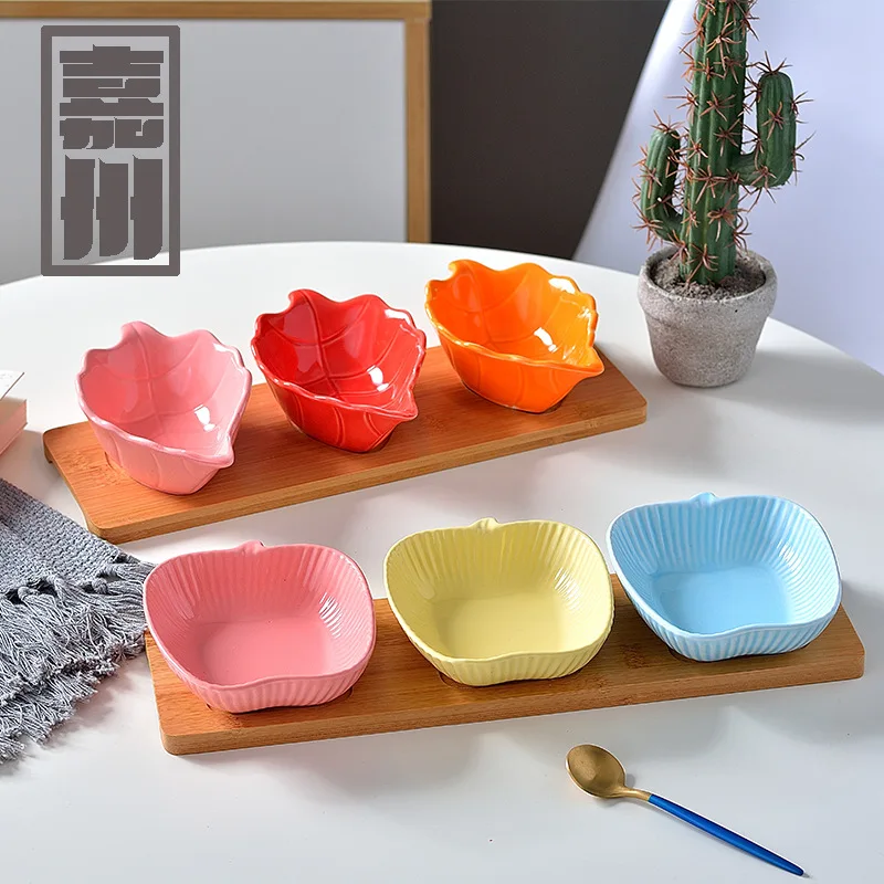 FANTERCY Tableware Dinner Nordic Creative Ceramic Three Bowls European Dried Fruit Snacks with Bamboo Tray Sets