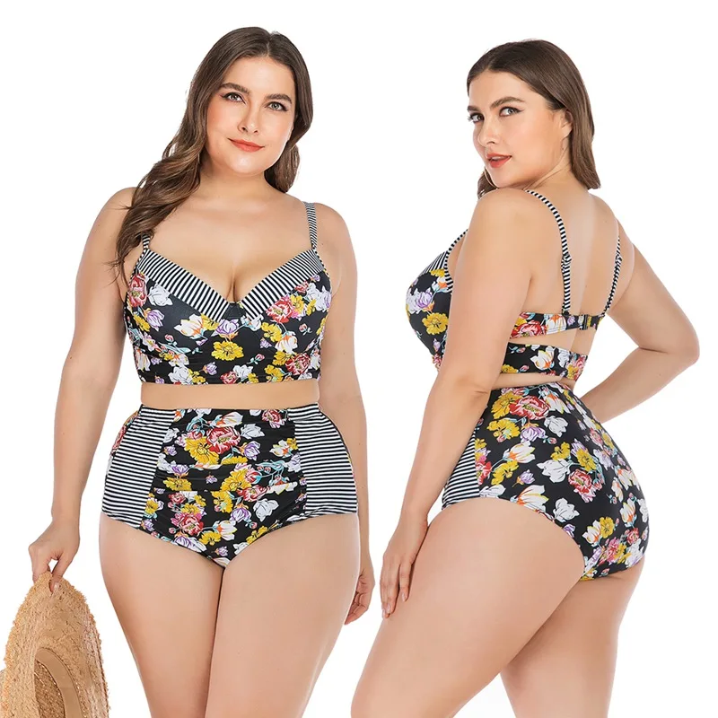 

Lady Plus Size Swimsuit Beach Swimming Suit Women Tankini Floral Patchwork Strappy High Waist Swimwear Bikini Top Bottom