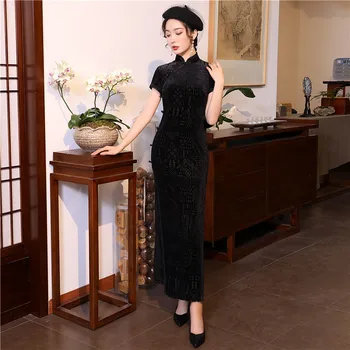 

Long Cheongsam Elegant Satin High Split Chinese Traditional Evening Party Dress Women Vintage Qipao Mandarin Collar Vestidos