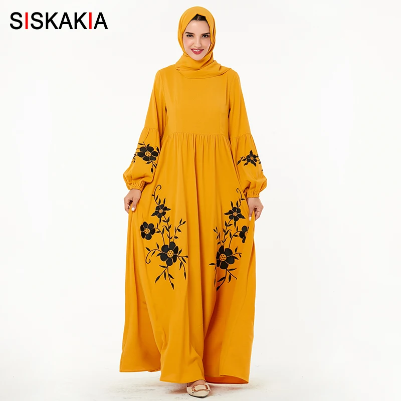 Yellow dress Siskakia/платье в марокканском стиле; шикарное ТРАПЕЦИЕВИДНОЕ ПЛАТЬЕ с цветочной вышивкой; длинные платья с рукавом Бишопа и высокой талией; драпированная одежда в мусульманском стиле; сезон осень - Цвет: Yellow dress