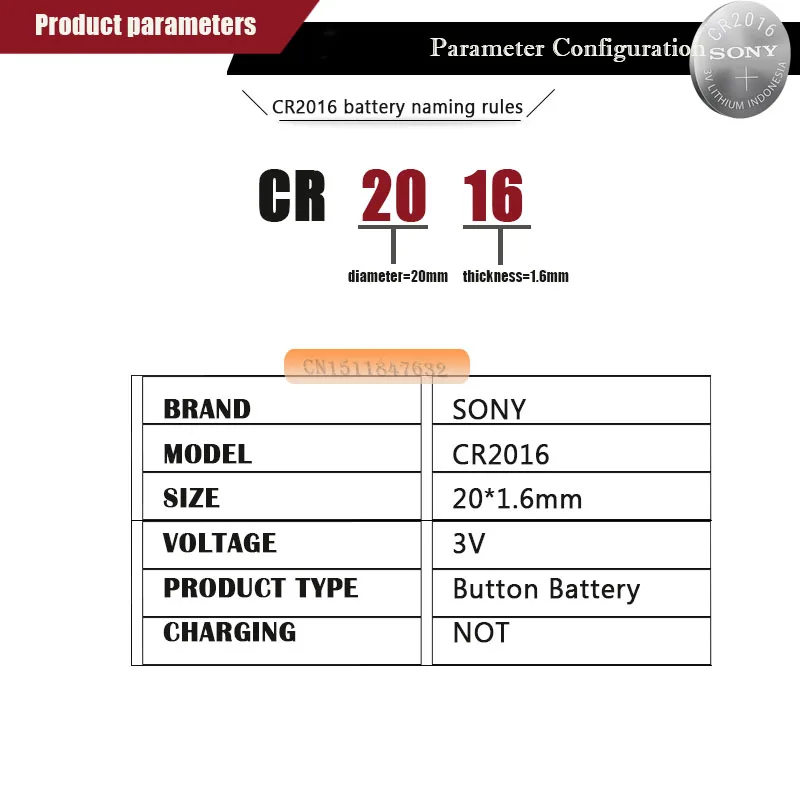 100 шт./лот SONY 3V литиевая батарея клетки кнопки Батарея DL2016 KCR2016 CR2016 LM2016 BR2016 высокое количество запасённой энергии на единицу веса(батареи
