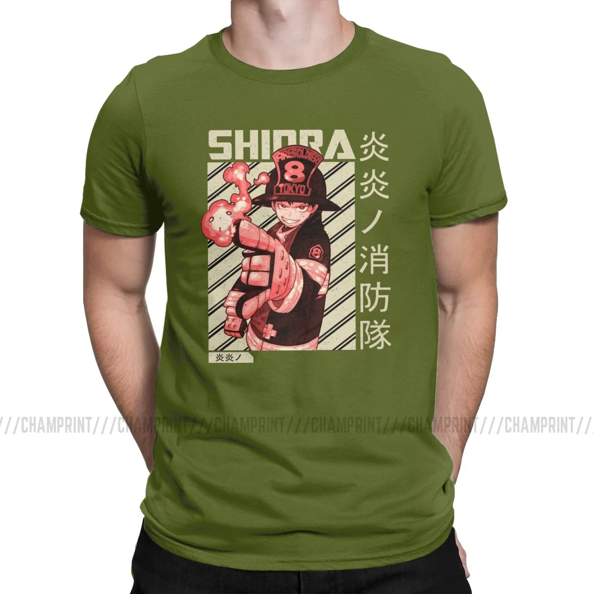Мужские футболки Shinra Fire Force, аниме, модная футболка, короткий рукав, пожарный герой, футболки, вырез лодочкой, одежда, большой размер - Цвет: Армейский зеленый