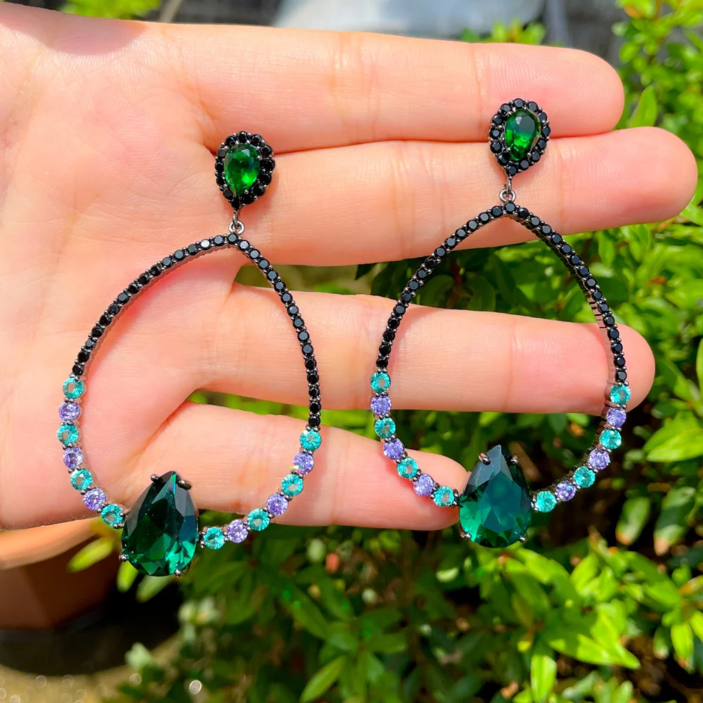 CWWZircon Green Black Cubic Zircon Stone Round Drop Big Party Earring for Women American European Designer Wedding Jewelry CZ913