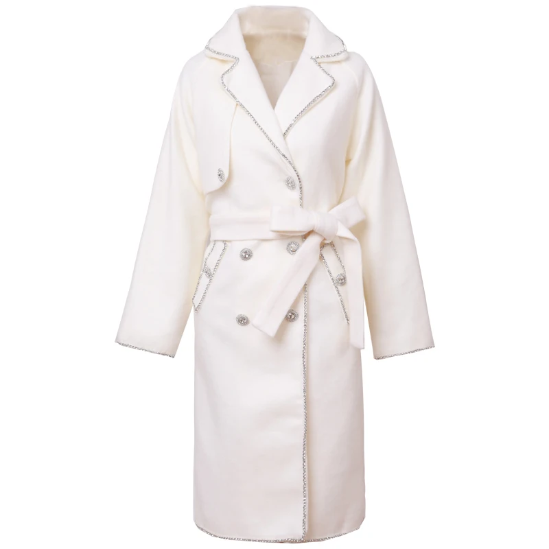 Manteau Femme длинное шерстяное пальто для женщин осень зима белое шерстяное пальто со стразами двубортное на пуговицах свободная ветровка