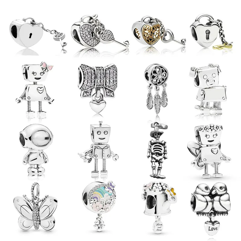 

Lock Your Heart Key Bella Bot Astronaut Birds Bow Hanging Charm Fit Original Pandora Bracelet 925 Pure Silver Pendants for Women