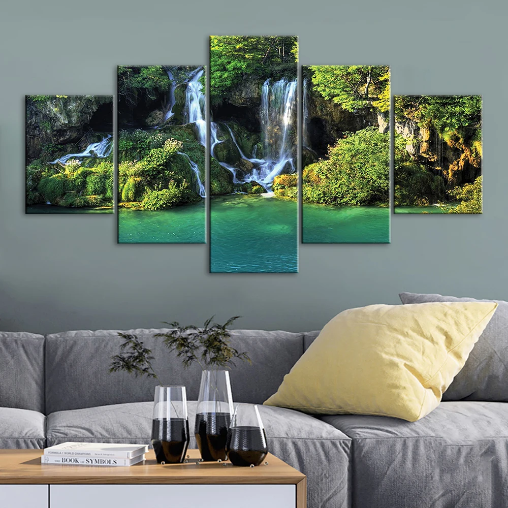 Canvas Print Green Plants Picture Wall Art 5 Set Paintings Waterfall Home Decor Natural Beauty Modular Poster For Bedroom Frame | Дом и сад