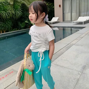 

Summer girls t shirt Baby tee kids tops Children streetwear clothes side twisted coul lacing short sleeve letter print 1 to 9 yr