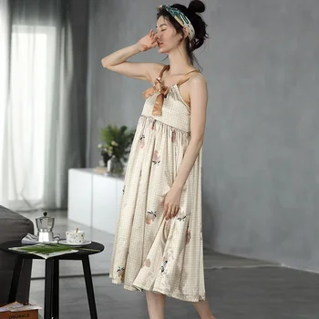 

Caiyier Summer Silk Nightdress Sexy Off-shoulder Sling Sleepwear Plus Size Loose Girls Sleepshirts Leisure Soft Lovely Nightgown