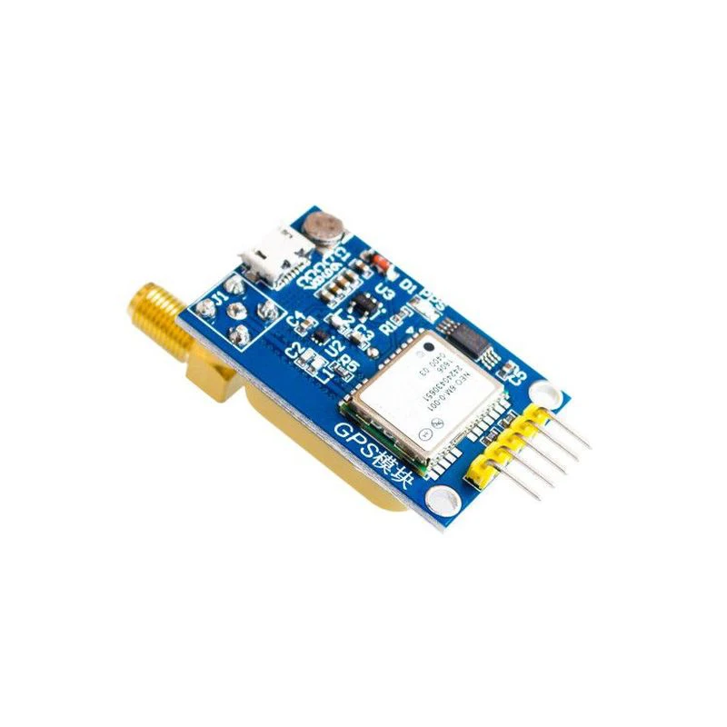 Module GPS NEO-6M NEO-7M NEO-8M branché sur une carte STM32, antenne céramique visible.