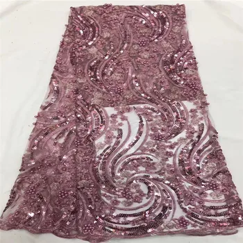 

African Lace Fabric 2019 pink High Quality Lace Sequins Fabric French Nigerian Beads Lace Fabric 3d Embroidery Wedding Lace
