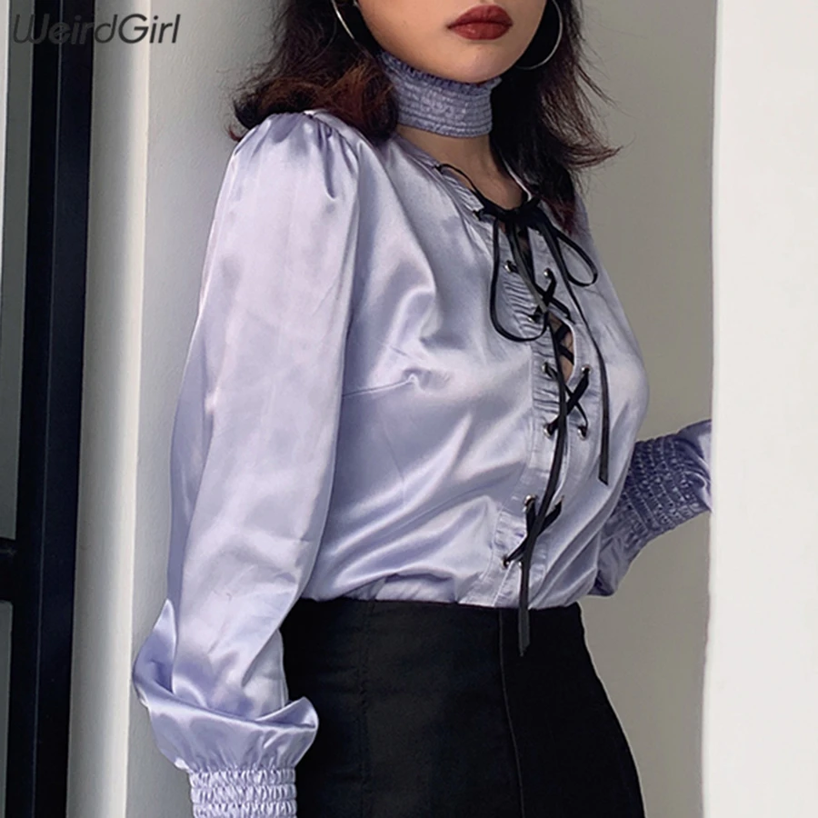 

weirdgirl women tie up fashion shirts long sleeve turtleneck slim lady office blouses lace up eletant tops party club basic new