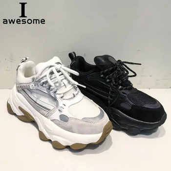 

Genuine Leather Chunky sneakers Women shoes Flat Platform Sneaker Lace-up casual Shoes Thick bottom 6cm Ladies Sneaker