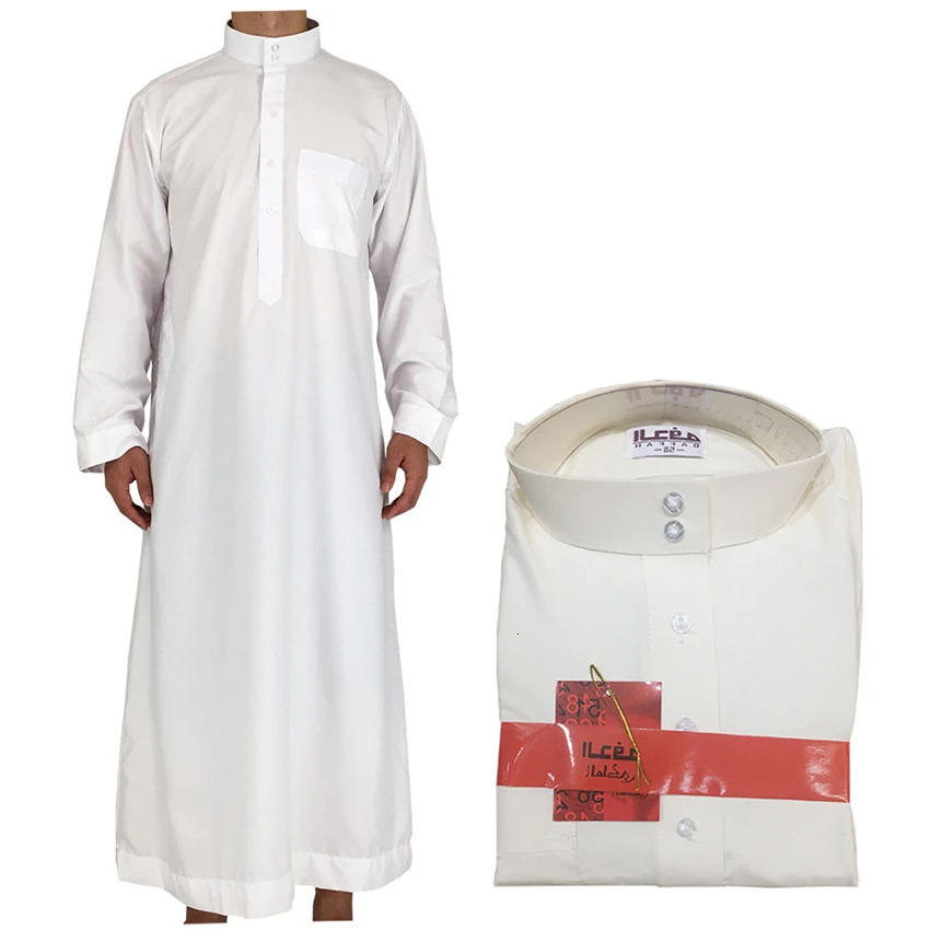 White Long Sleeve Islamic Men Clothing Jubba Thobe Abaya Dubai Saudi Arabia Traditional Ramadan Kurta Eid