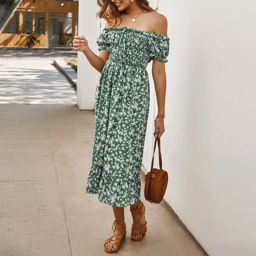 vestidos женское платье Bohe цветочный принт бандо без бретелек короткий рукав сарафан сексуальное платье ropa mujer sukienki robe