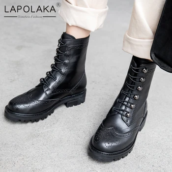 

Lapolaka 2020 New Design Genuine Cow Leather Ankle Boots Woman Shoes Chunky Heels Platform Fashion Shoes Lady Boots Female