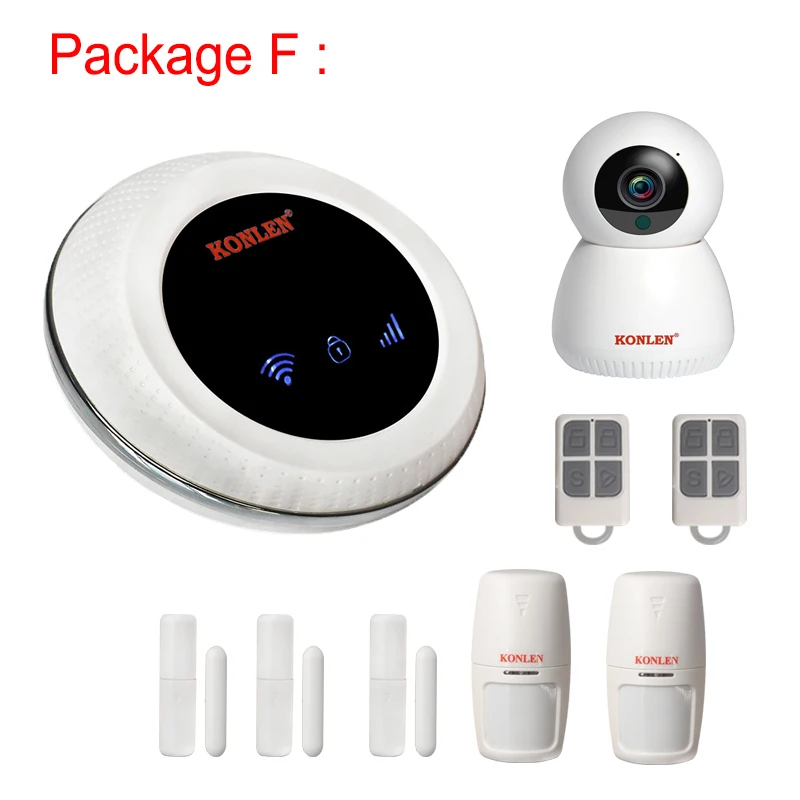 Package F KONLEN Tuya умная сигнализация для безопасности дома WIIF GSM Беспроводная с домашней ip-камерой Alexa Google Assistant App - Цвет: Package F
