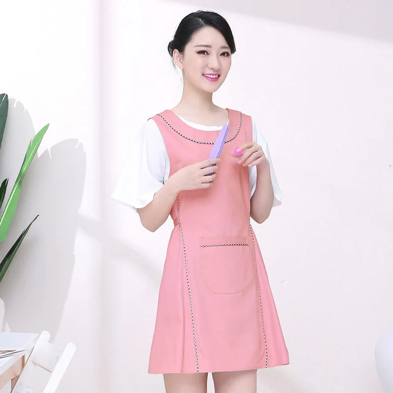 Cotton Restaurant Kitchen Dress Apron For Woman Black Pink Coffee Shop Waitress Adjustable Bib Work Aprons Cleaning Accessory
