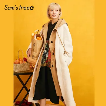 

SAM'S TREE Solid Straight Hoodies Teddy Lazy Wool Coat Women 2019 Winter Belted Single Button Fake Two Pieces Loose Female Coats