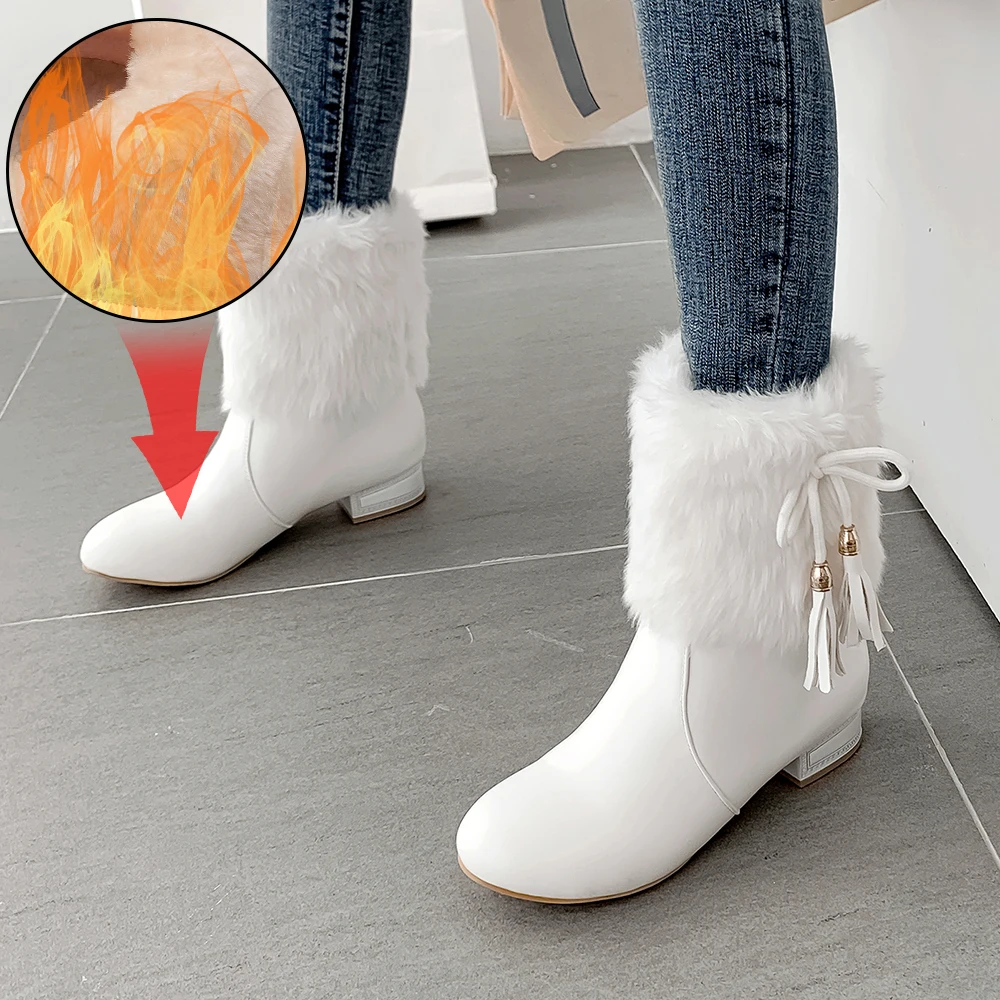 

Plus Size 34-43 Winter Faux Fur Fashion Wedges Heels Women Shoes Woman Boots Low-heeled Warm Snow Luxury Femme Ladies Boot White