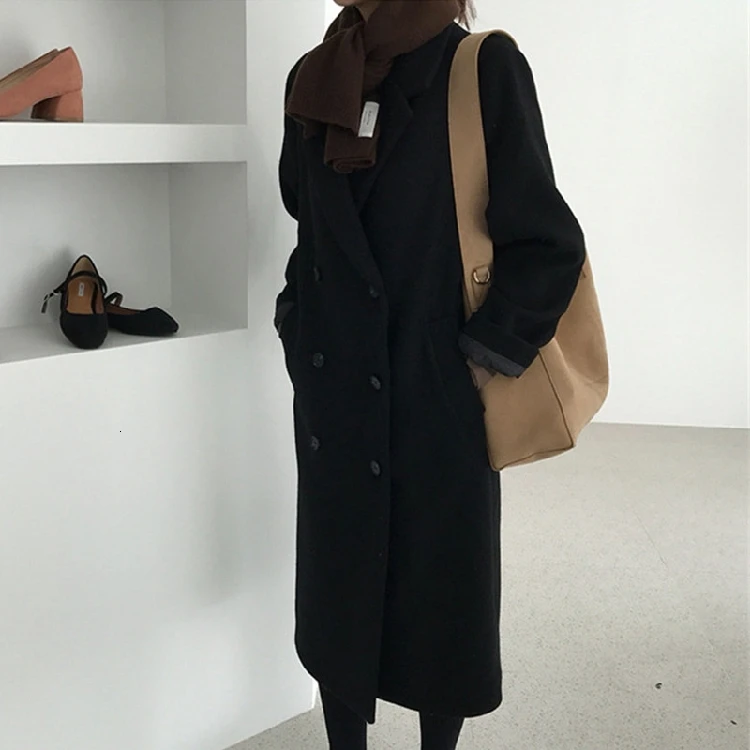 Женская элегантная Зимняя шерстяная куртка черного и коричневого цвета, длинное двубортное шерстяное пальто размера плюс, Manteau Femme Hiver