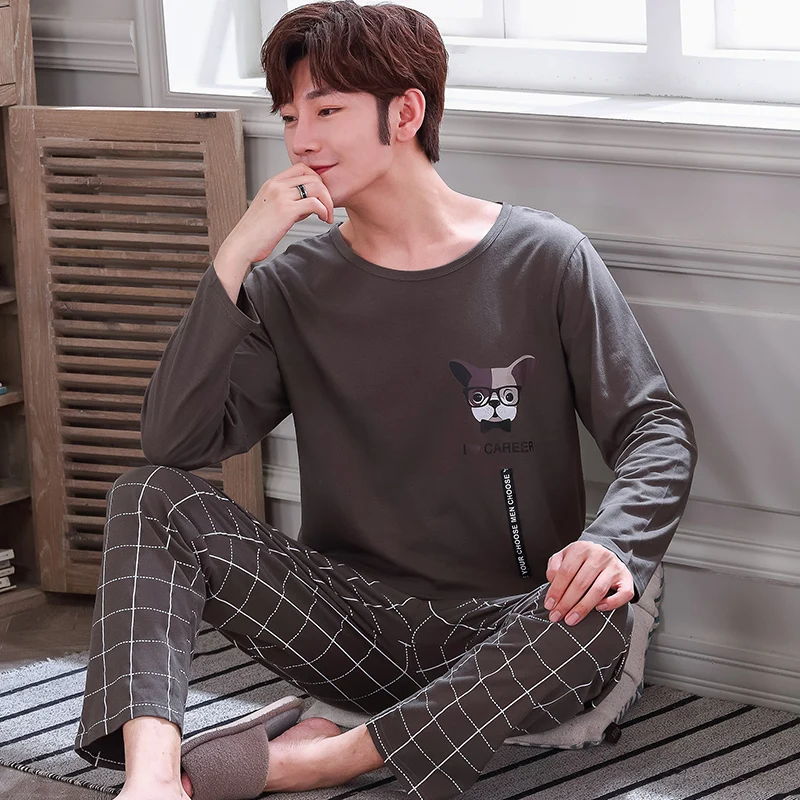 men pajama set Осенне-зимняя Трикотажная хлопковая Мужская пижама с героями мультфильмов, комплект полосатых пижам, повседневная мужская одежда для сна, ночная Пижама, 3XL, домашняя одежда - Цвет: men pajama set