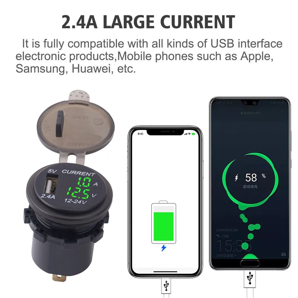 Одиночный 2.4a Usb с 60 см проводное автомобильное зарядное устройство прикуриватель адаптер питания от сети с светодиодный цифровой вольтметр метр монитор