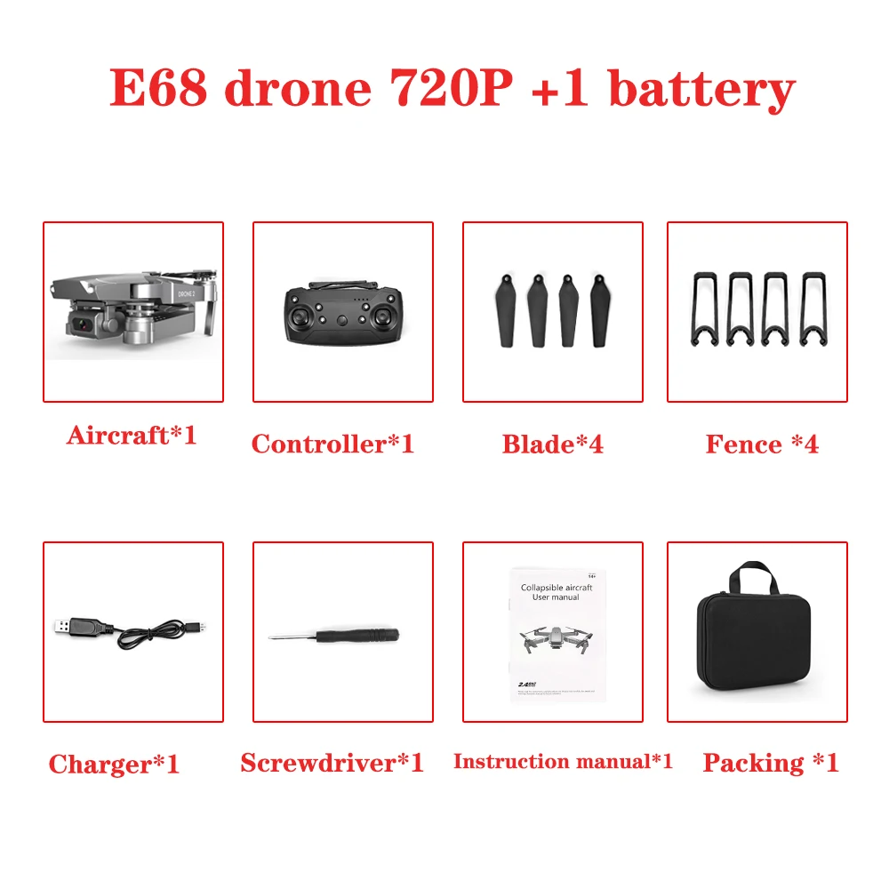Дрон E68 HD широкоугольный 4K wifi 1080P FPV Дрон видео запись в реальном времени Квадрокоптер высота для обслуживания Дрон камеры Дрон e58 - Цвет: 720p