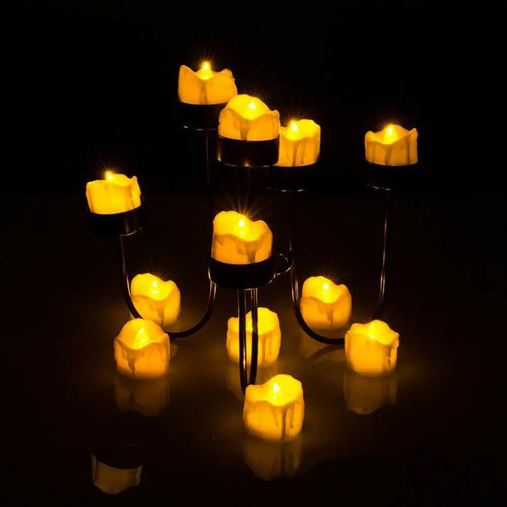 

Flameless LED Timing Tea Light Candles 12pcs, Amber Yellow Flickering Unscented Tealight with Timer for Wedding Christmas Party