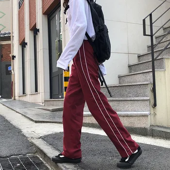 

2020 spring autumn preppy style Women High Waist Trousers Street Style side stripe elastic waist long pants womens (F3857)