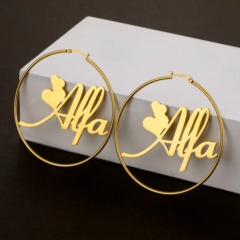 Pendientes de aro grande de 30-70 MM para mujer, aretes de acero inoxidable con nombre personalizado, regalo de Año Nuevo para Navidad