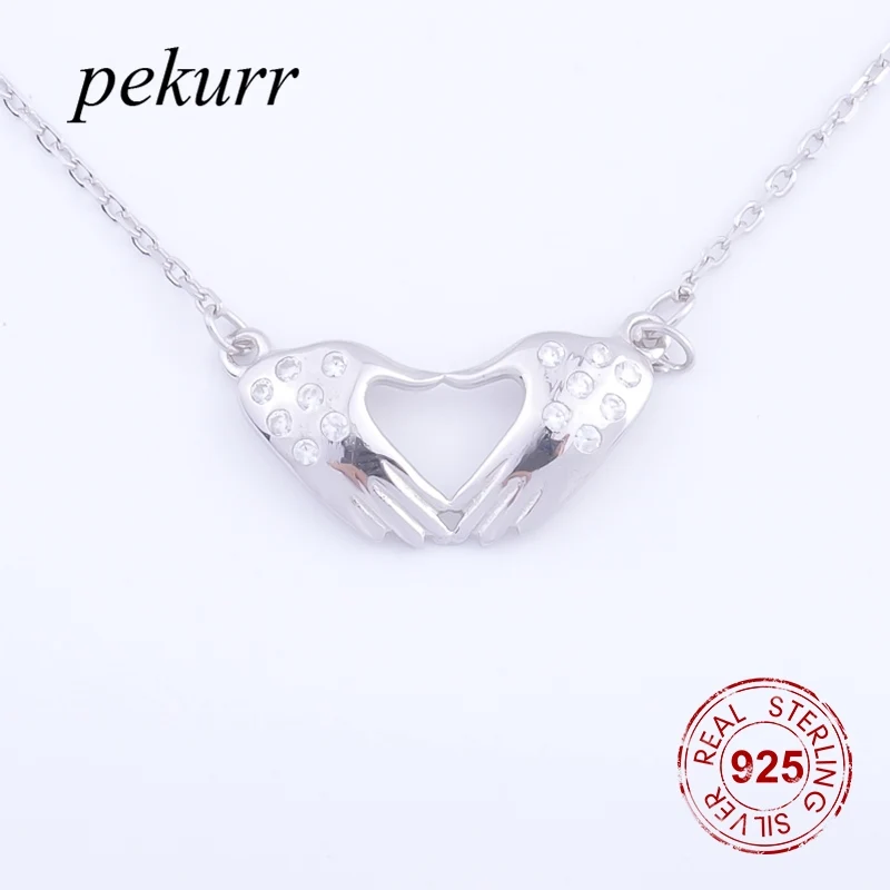 Pekurr 925 пробы серебро две звенья рука полое сердце ожерелья для женщин подвески
