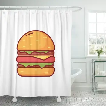 

Hamburger Burger Cheeseburger Outline Line Food Shower Curtain Bathroom Sets Hooks,Waterproof Polyester Curtain