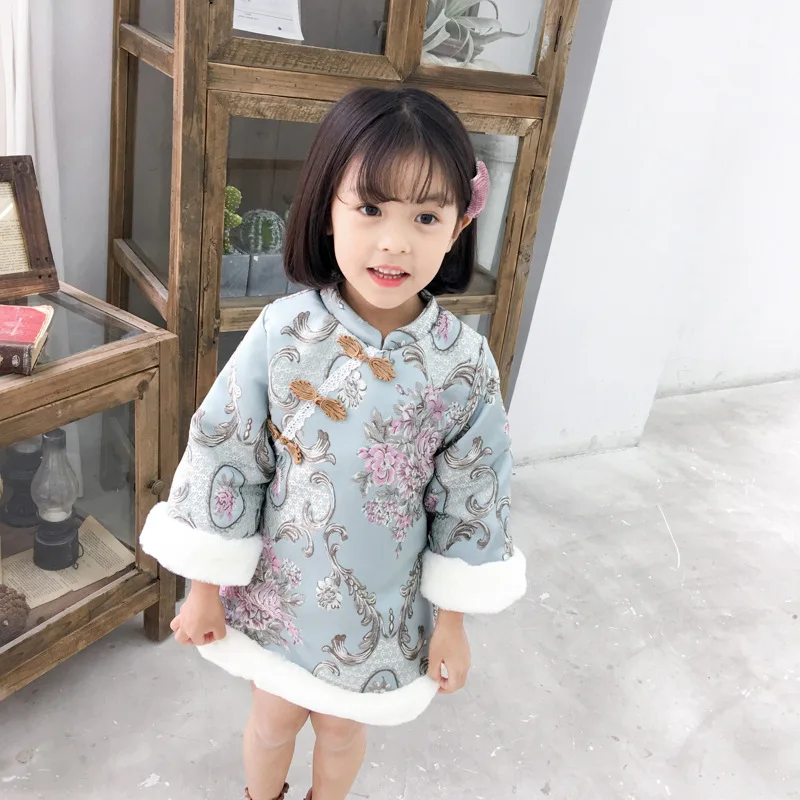 Детское платье Чонсам в китайском стиле с длинными рукавами для девочек; Новогоднее платье с цветочной вышивкой; теплое зимнее платье Ципао для девочек