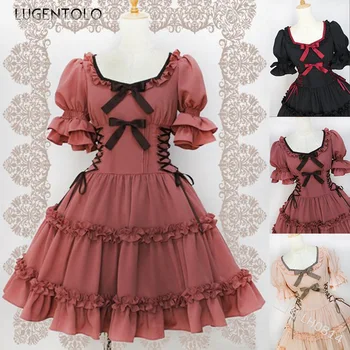 

Lugentolo Vintage Dress Women Solid Short Puff Sleeve Square Collar Empire Bow Tie with Big Swing Fashion Womens Dresses