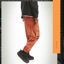 Мужские брюки-карго чистого цвета с несколькими карманами, дизайн, свободные штаны до щиколотки, оранжевые повседневные мужские штаны со шнуровкой