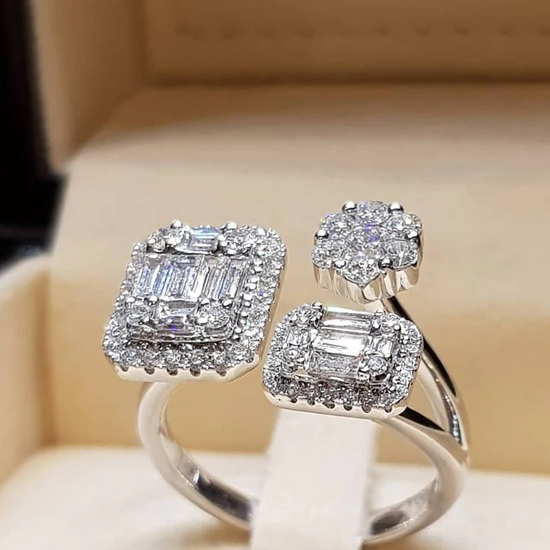 Модное женское кольцо 925 серебряное белое квадратное роскошное с кристаллами