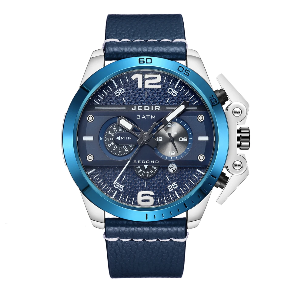Large Dial Personality Men's Quartz Chronograph Watches Blue Leather Strap Fashion Sports Watches Male Clock Relogio Masculino