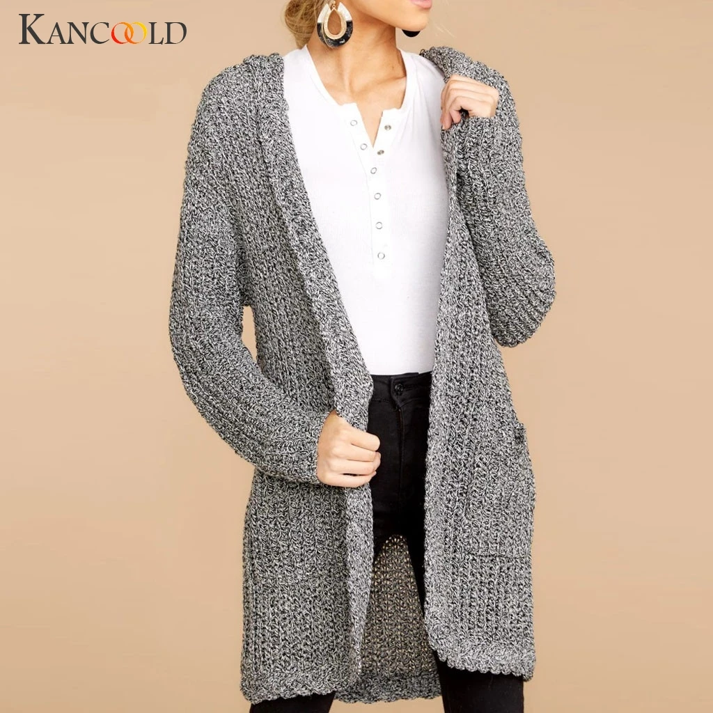KANCOOLD женский свитер с длинным рукавом и капюшоном, вязаный кардиган, свитер с карманами, верхняя одежда, модный женский свитер 2019jul26