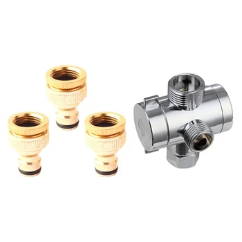 

3Pcs 1/2 Inch 3/4 Inch Thread Quick Connector Tap Connector with ABS Chrome 3 Way Diverter Hose Fitting T Shape Adapter