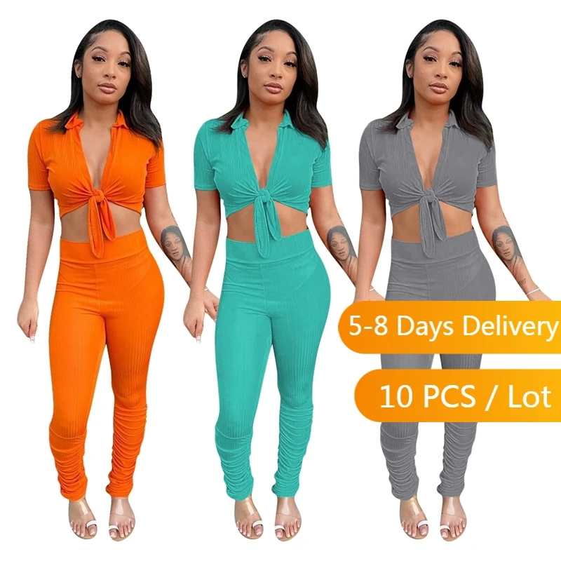 

Bulk Items Wholesale Clothes Summer Ribbed Two Piece Set Women Crop Top Leggings Pants Set Sporty Casual Bodycon Tracksuit Women