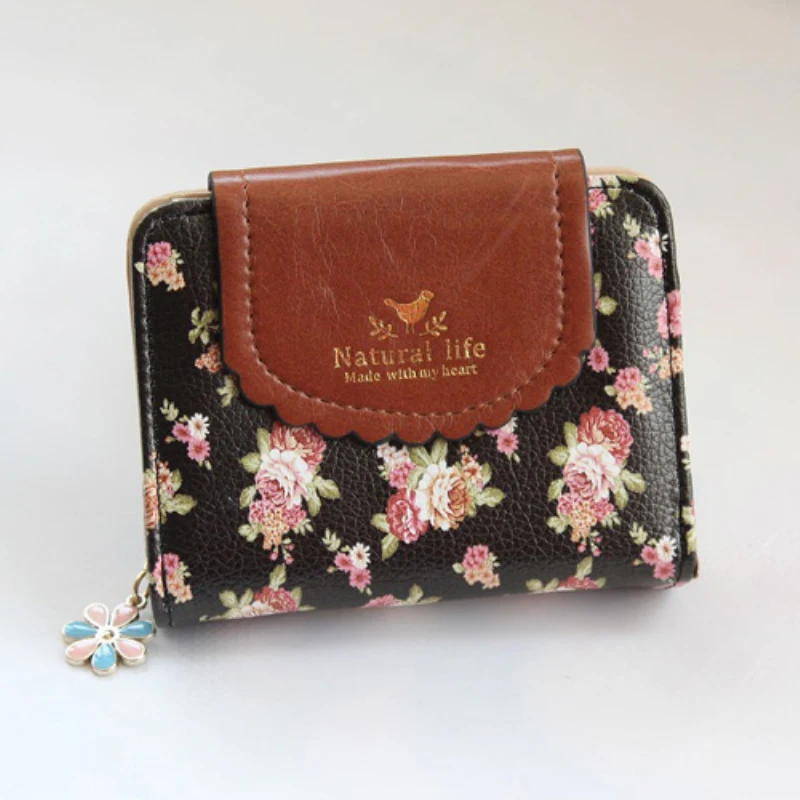 

Girl Pu Leather Small Student Purses Fashion Women Short Wallets Printed Flower Credit Card Holders Zipper Coin Purse Lady