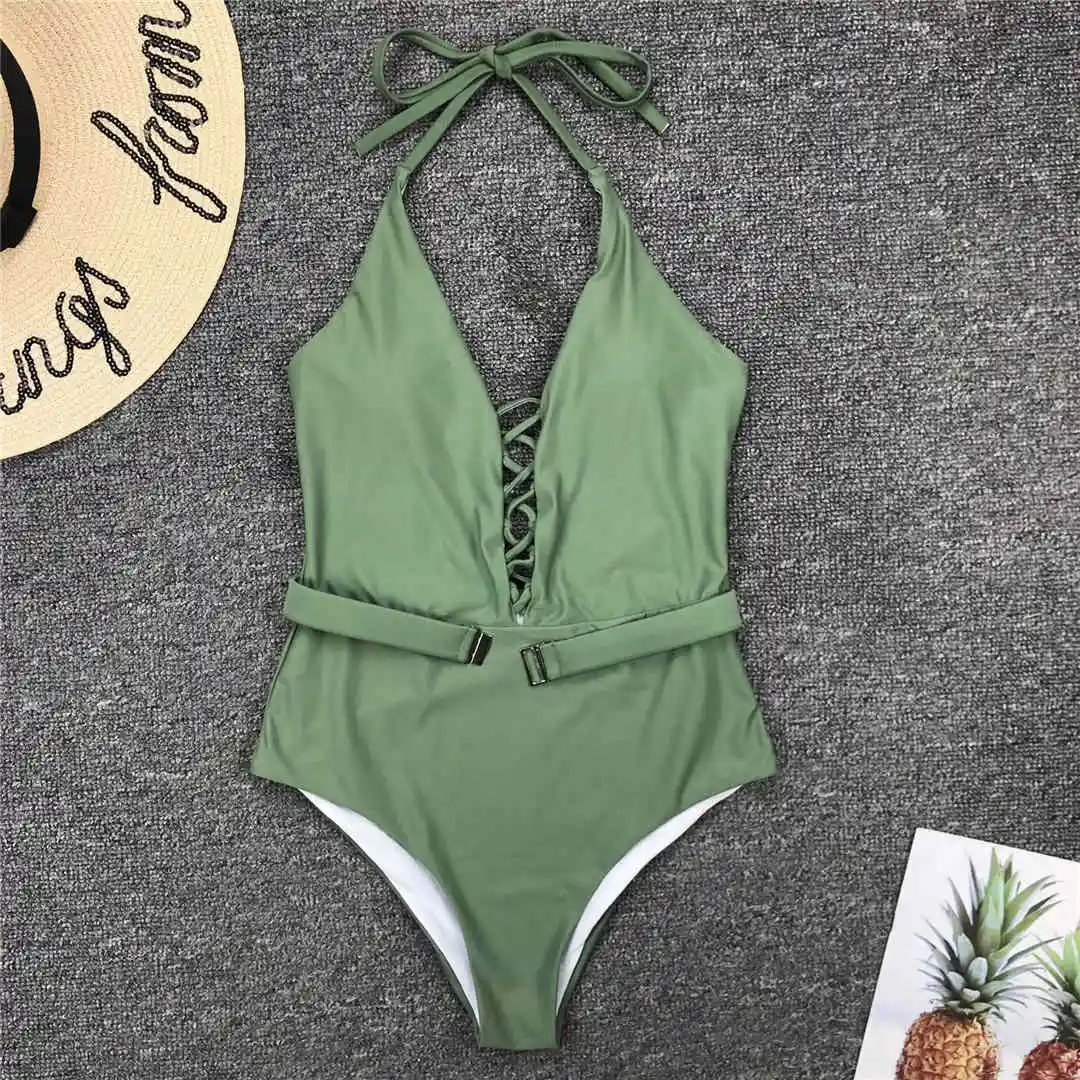 7 Colors Sexy Halter V Neck Lace Up Women Swimwear One Piece Swimsuit Female Bather Bathing Suit Swim Lady With Belt V1762 - Цвет: Зеленый