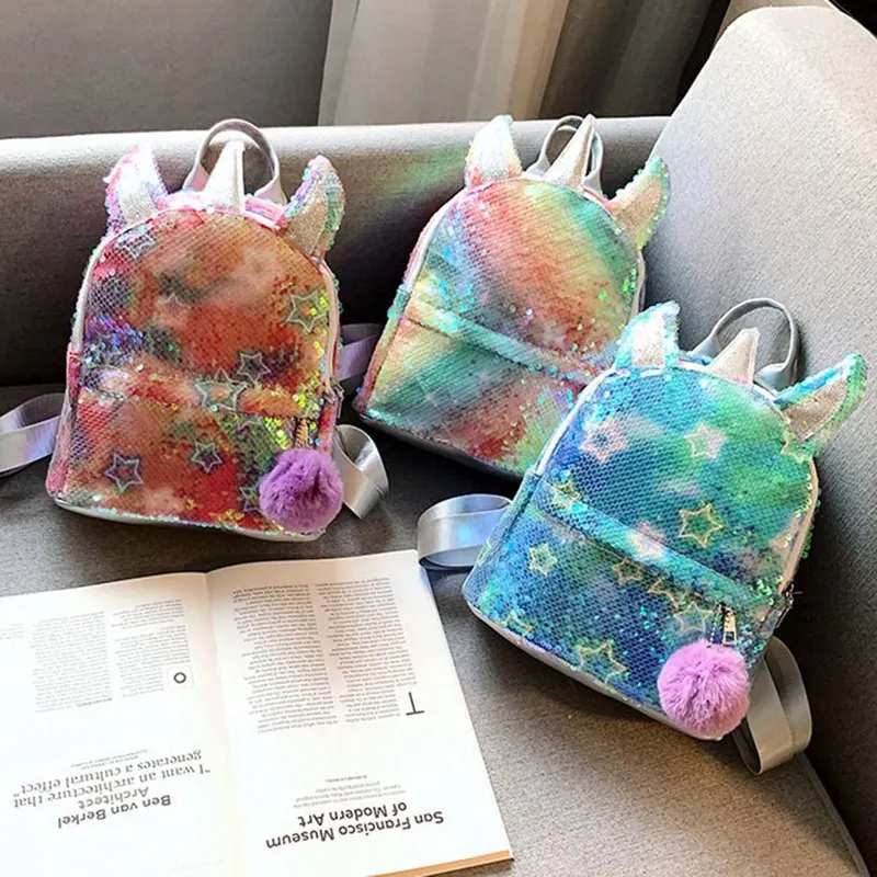 Mochila De colores geniales para niños, Bolsa Escolar con lentejuelas de unicornio, Bola de pelo, arcoíris, brillante, 1 unidad, novedad