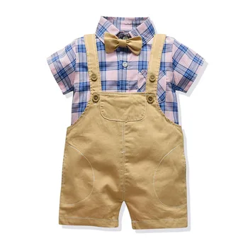 

Toddler Baby Infant Boys Clothes 2020 New Summer Shirt Set Children Gentleman Plaid Shirt Bib Shorts Boy Clothing Birthday Dress